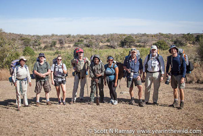 The start...from left to right: Back up ranger Nontobeko Ncube, Bruce and Meghan Conlon (from Australia), Pierre Pienaar (from Cape Union Mart), Trails Ranger Nunu Jobe, Pinkey Ngewu (from De Hoop Nature Reserve), Brendon Muller and Christo Dippenaar (Cape Union Mart competition winners) and me. A diverse group of strangers, united by Africa’s wildlife and wilderness.