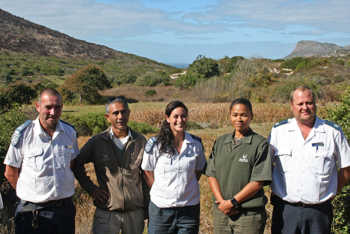 The release team. From left: Gareth Patterson (Cape of Good Hope SPCA Wildlife Inspector), Paddy Gordon (Table Mountain National Park Manager), Megan Reid (Cape of Good Hope SPCA Wildlife Unit Supervisor), Jaclyn Smith (Table Mountain National Park Section Ranger) and Shaun Giles (Cape of Good Hope SPCA Wildlife Unit Inspector).