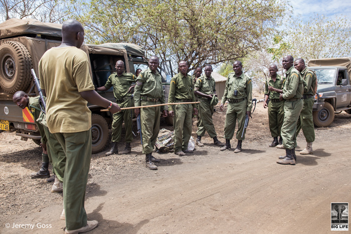 Rangers from Big Life Foundation and Kenya Wildlife Service plan patrols to track the snared rhino calf