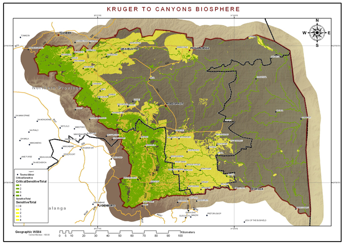 A map of the Kruger to Canyons Biosphere Region