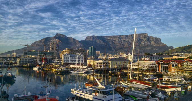 A view of Table Mountain from the V&A Waterfront in Cape Town, South Africa