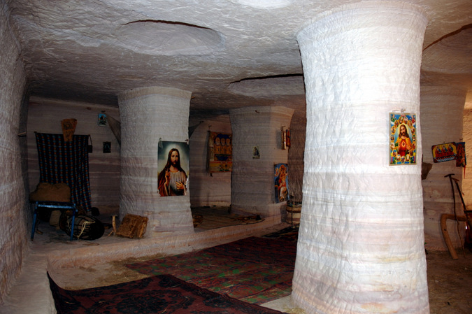 Inside a rock-hewn church in Ethiopia