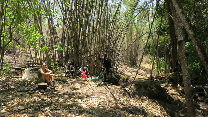 Researchers and guides taking a break at camp