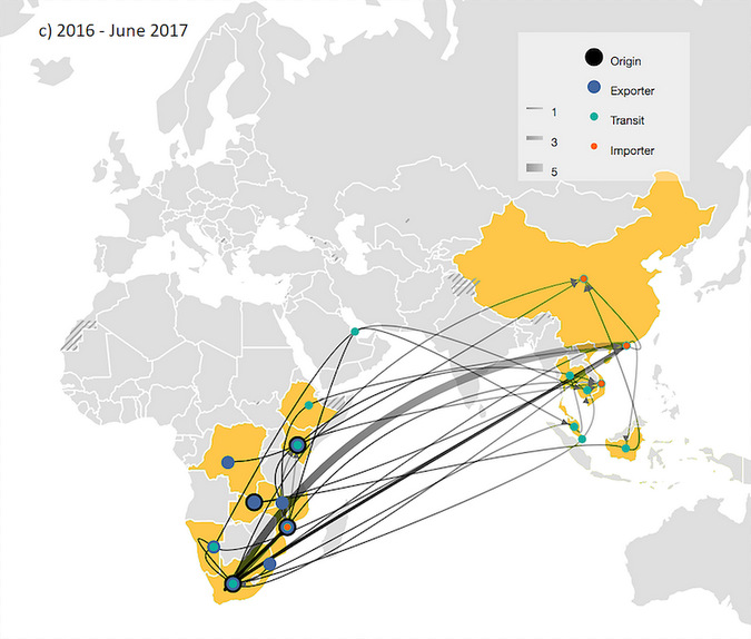 Map showing the rhino horn smuggling routes