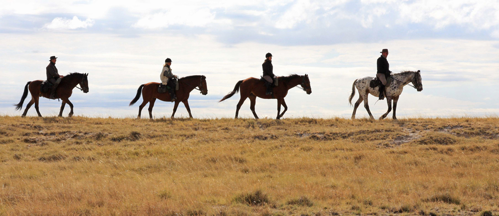 Riding across the grassy plains of the Makgadikgadi savannah