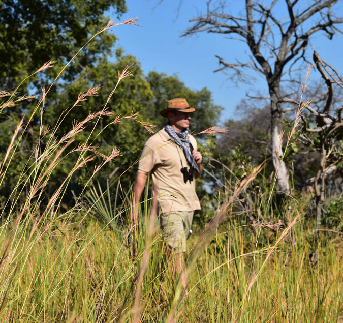 Green season safari in Africa, walking through African bush grass