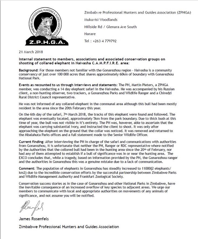 Statement from Zimbabwe Professional Hunters and Guides Association
