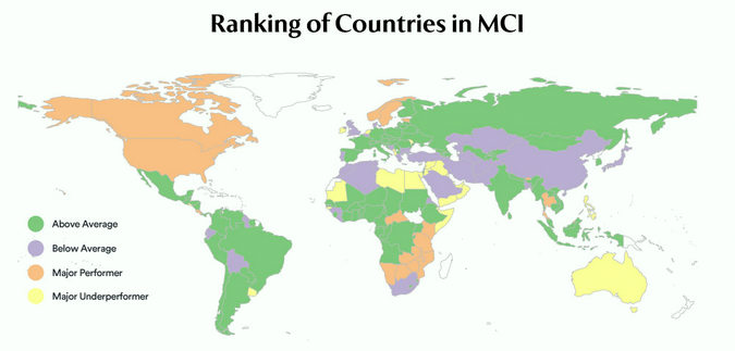 Map of world showing MCI rankings