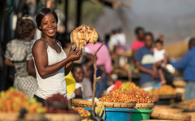 Food market seller holding dried fish fillet in Luangwa, Zambia