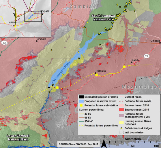 Map showing site of proposed dam in Luanwa River Valley in Zambia