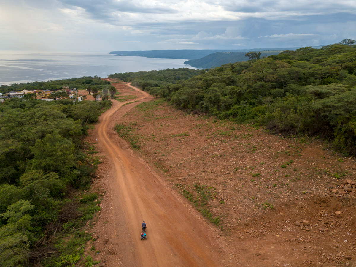 Aerial view of bike on dirt road in Africa
