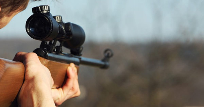 Person aiming rifle, trophy hunting