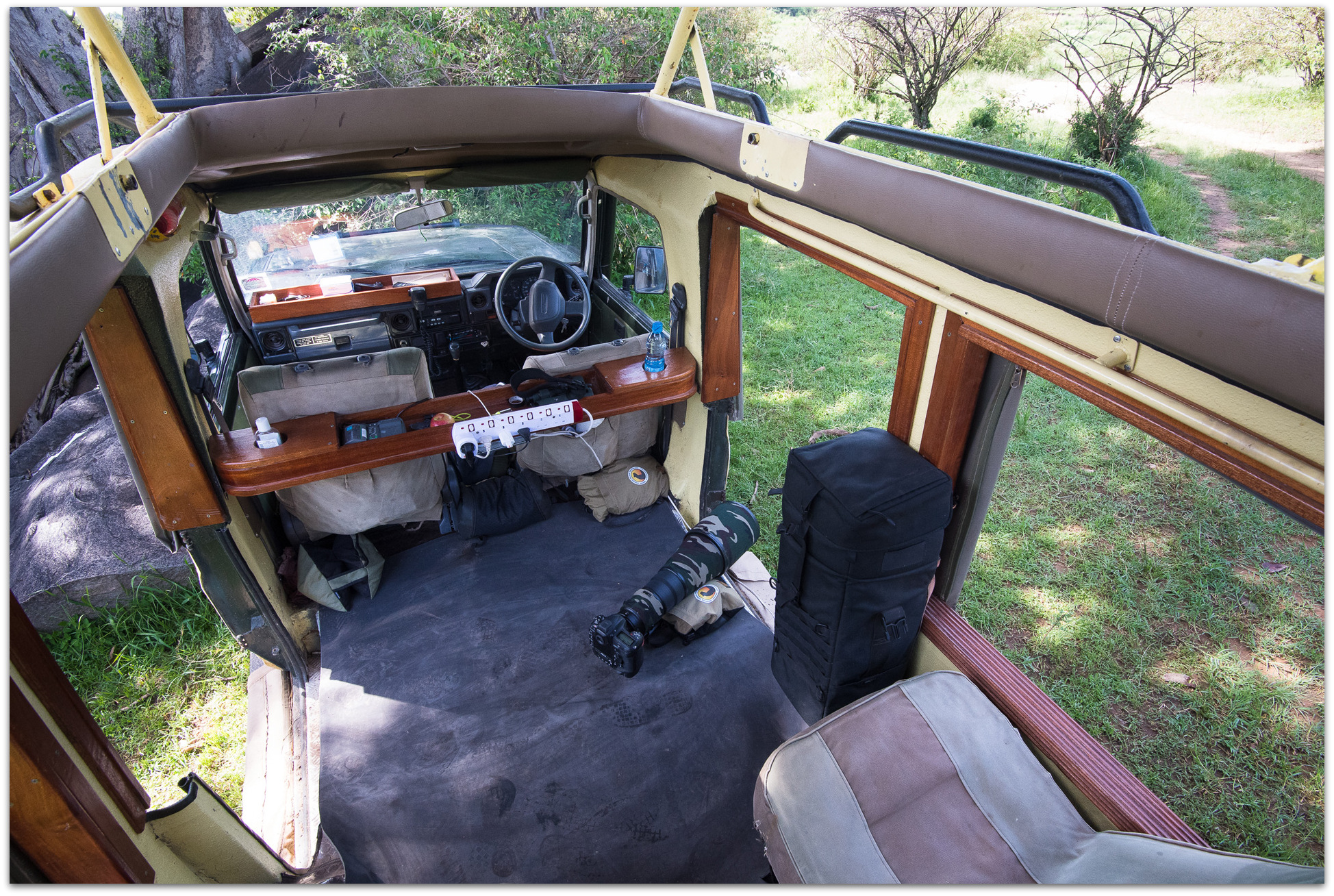 Inside a specially-adapted photographic safari vehicle