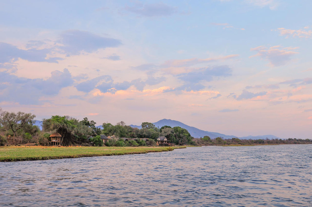 The view of Royal Zambezi Lodge from the Zambezi River