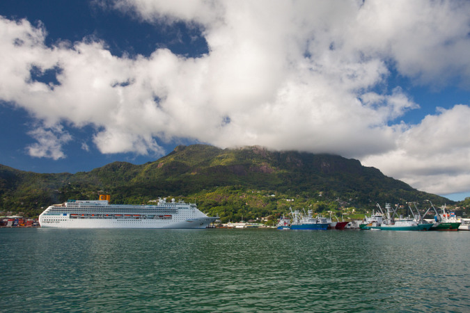 Cruise liner and boats along the coast of Mahé in the Seychelles