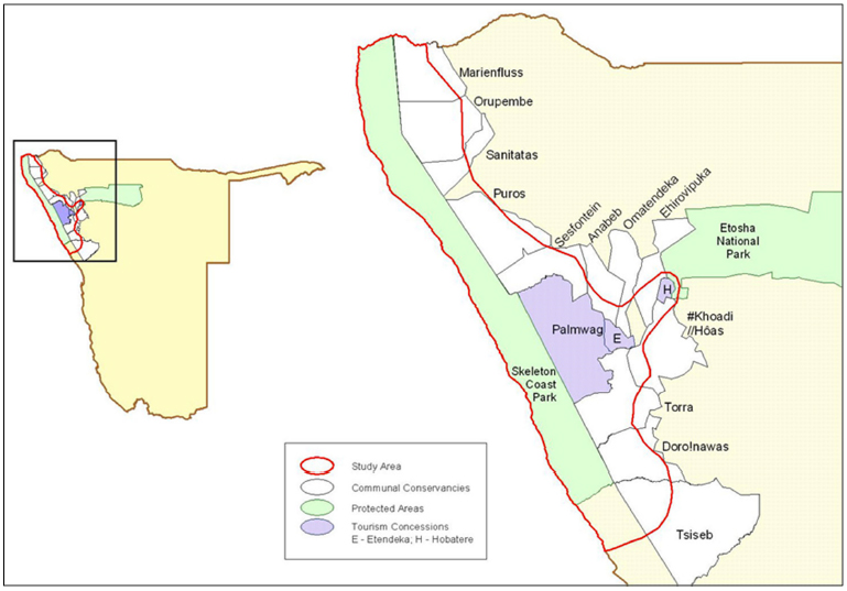 The study area in the northwest of Namibia that includes the Skeleton Coast National Park, several tourism concessions and communal conservancies