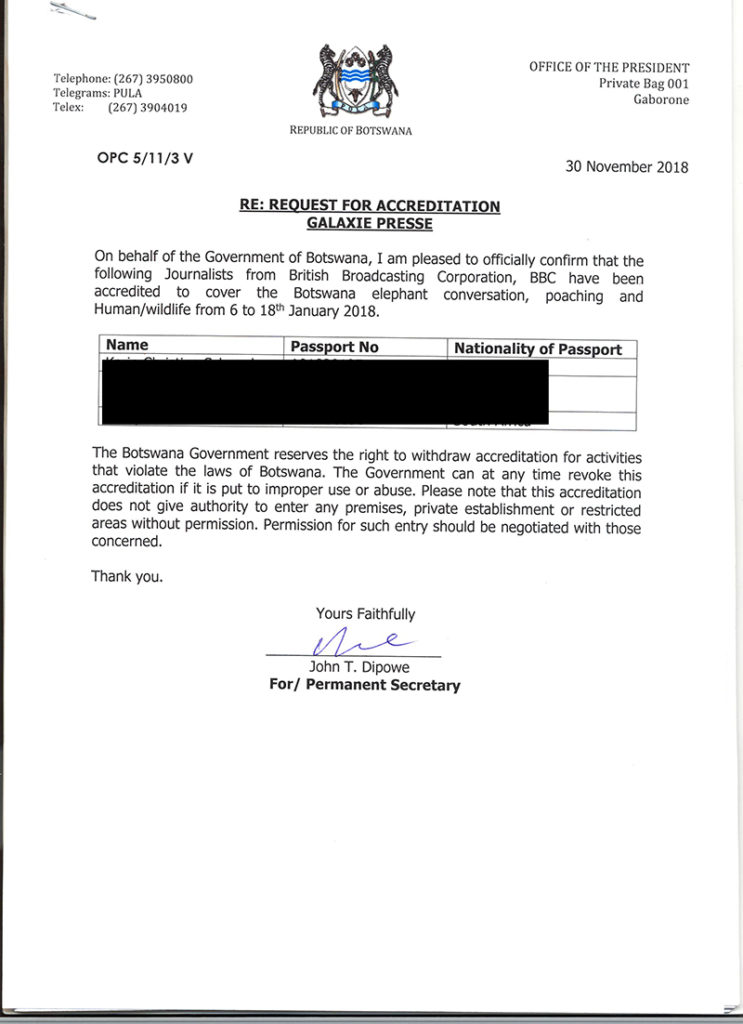 BBC press accreditation from Botswana government