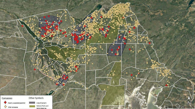 Location of suspected poached (red) and natural (yellow) elephant carcasses seen throughout the survey