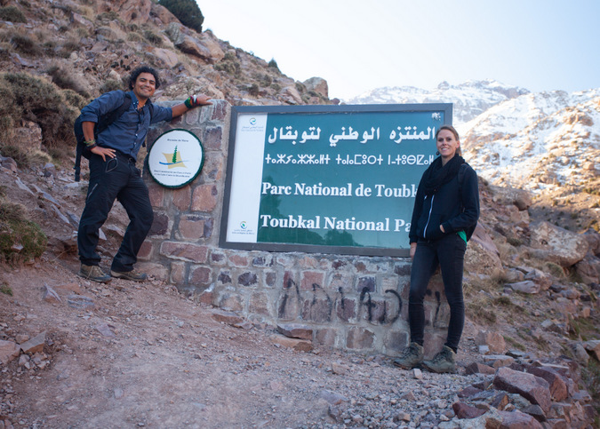 Sign showing start of Mount Toubkal hike, Atlas Mountains, Morocco