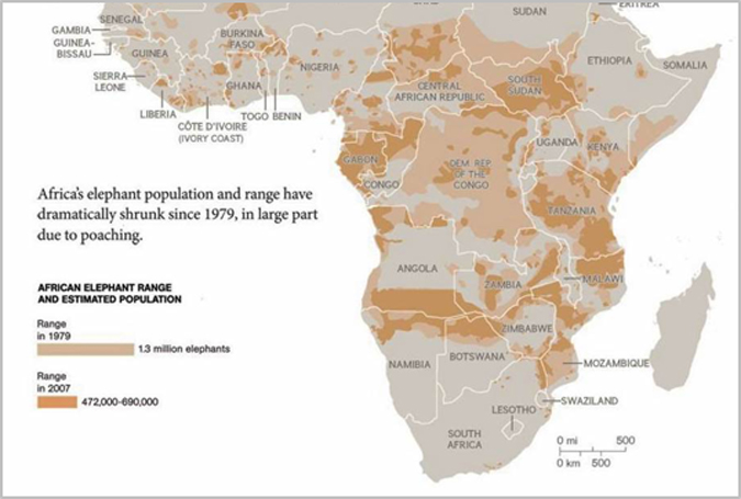 Map showing African elephant range and population