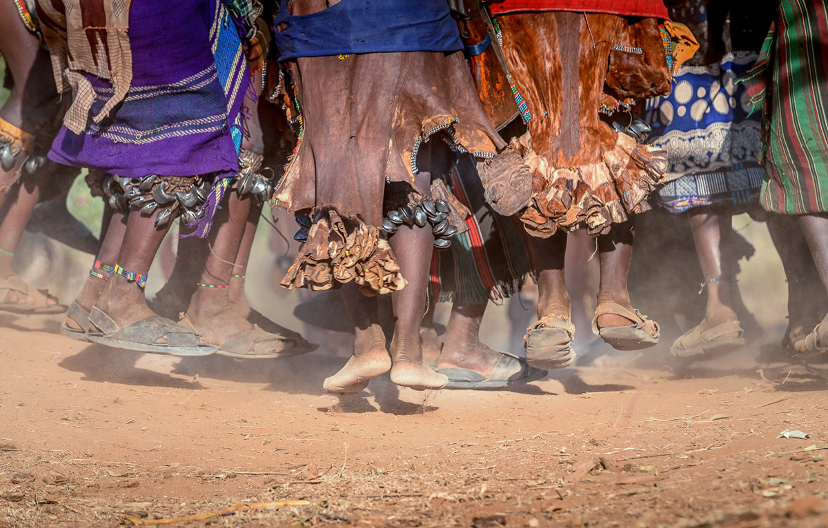 Close up of a dancing ritual for the bull jumping ceremony, Omo Valley, Ethiopia © Cohan Zarnoch