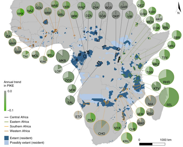 Annual poaching trend by site, map of MIKE sites in Africa elephant