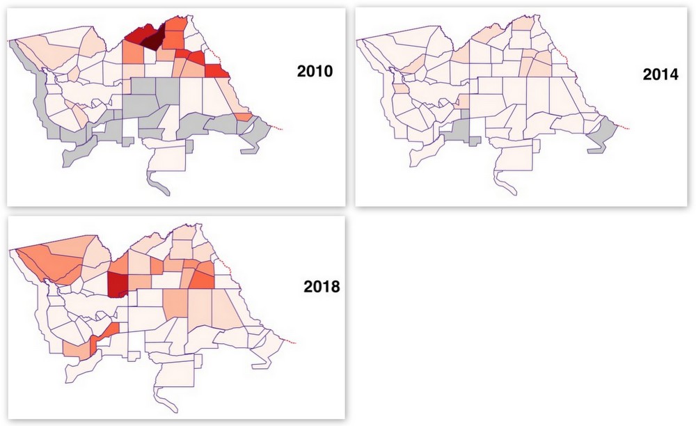 Maps of northern Botswana showing density of fresh elephant carcasses (i.e. less than 1 year old) counted during EWB aerial surveys. The darker colours represent higher carcass densities, while the grey areas were not surveyed in that year. Note that these include natural deaths and poached animals. © Rob Thomson. Data from the 2010, 2014 and 2018 Elephants Without Borders reports.