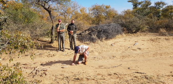 Riaan Fourie studies a particularly difficult spoor identification test, watched by judges James Steyn (left) and Juan Pinto © Simon Espley