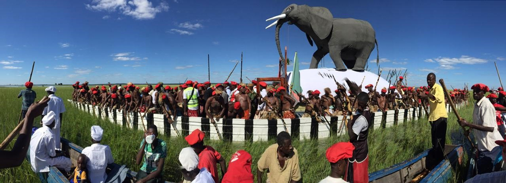 The Lozi King’s barge, or Nalikwanda, with paddlers adorned in animal skins