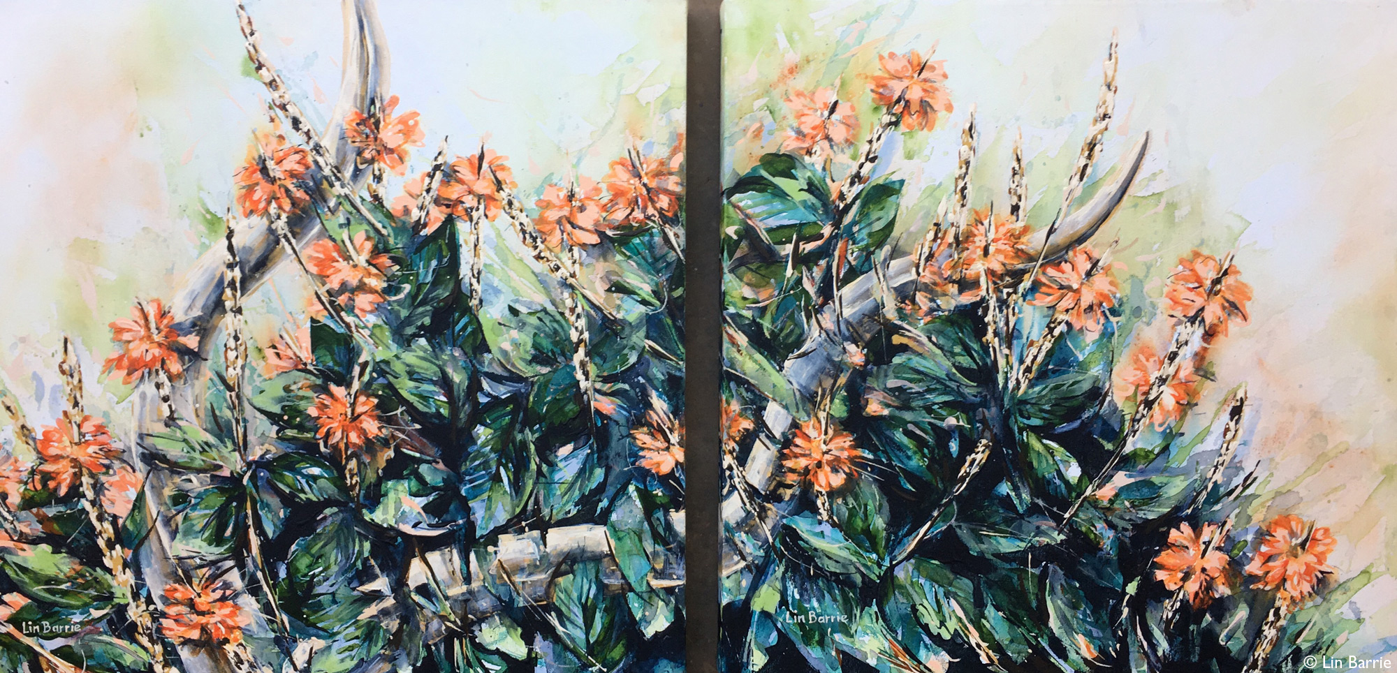 Painting of crossandra flowers and kudu horn