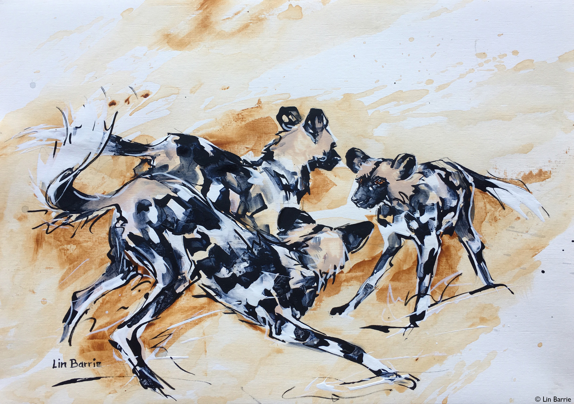 Painting of painted wolves playing