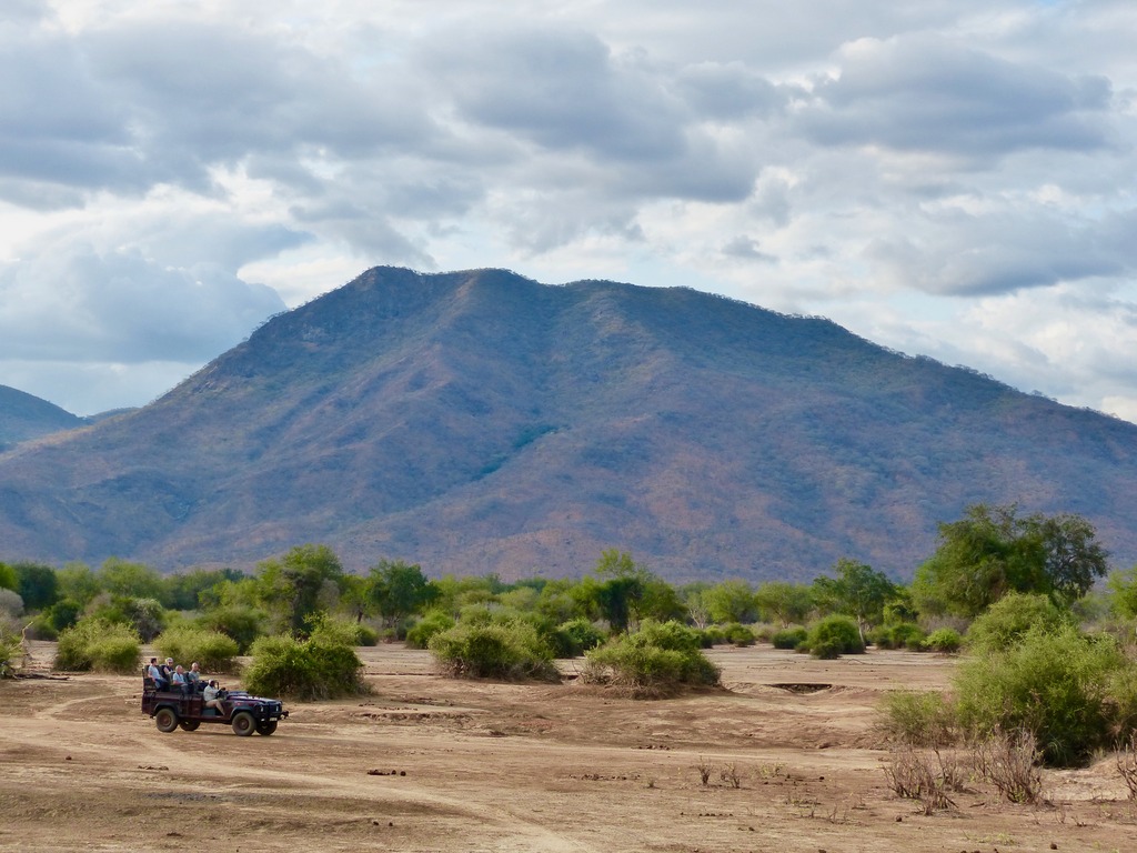 Safari vehicle with guests in Lower Zambezi National Park in Zambia