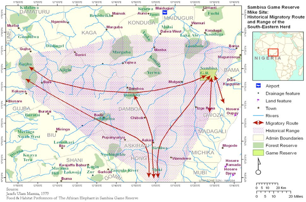 A map showing elephant migration routes through the Sambisa Forest in 2006, Nigeria