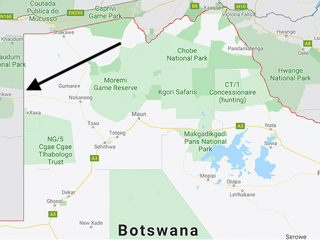 Map showing location of Botswana elephant hunt