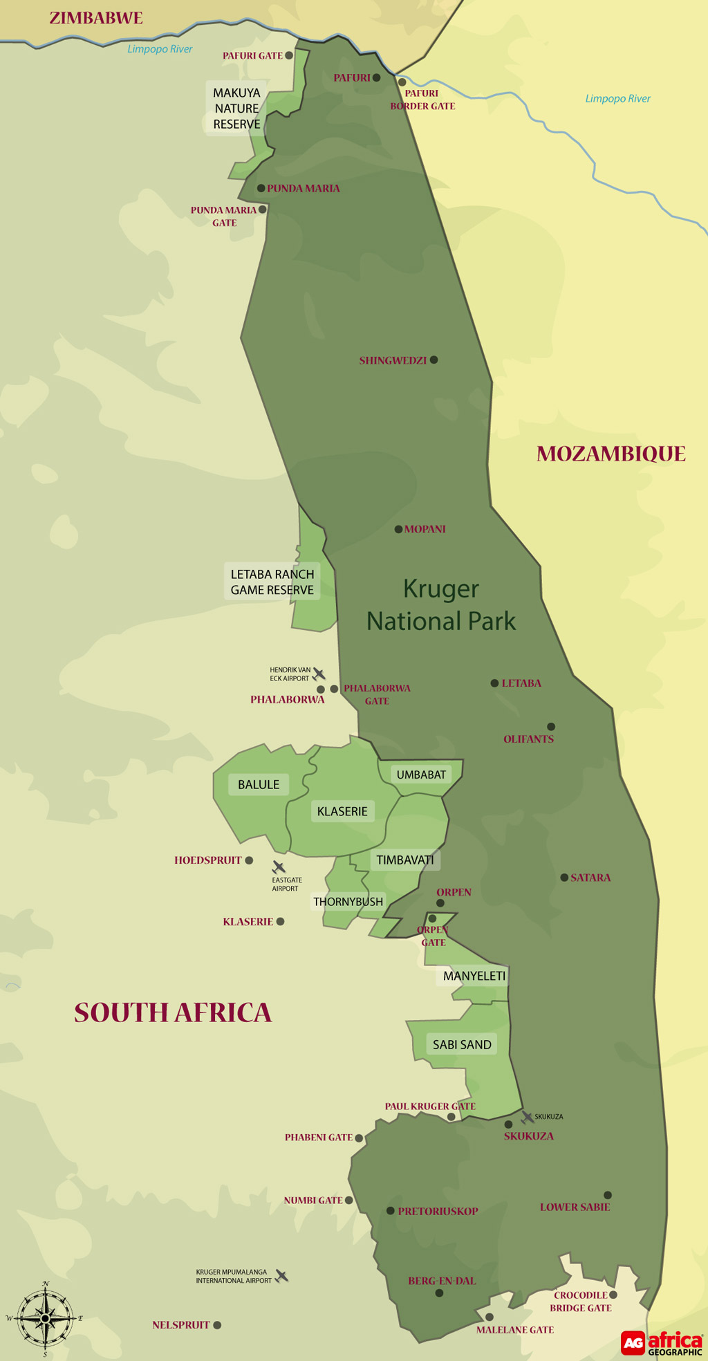 Greater Kruger Africa Geographic   Greater Kruger Light Green And Kruger National Park Dark Green 